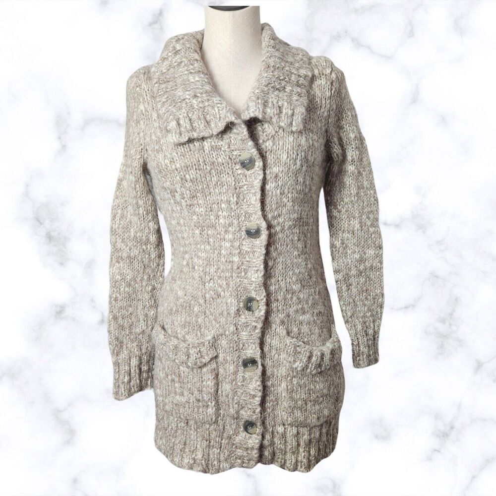 J Jill Women Sweater Beige Duster Cardigan Cable Knit Fisherman Wool Blend XS